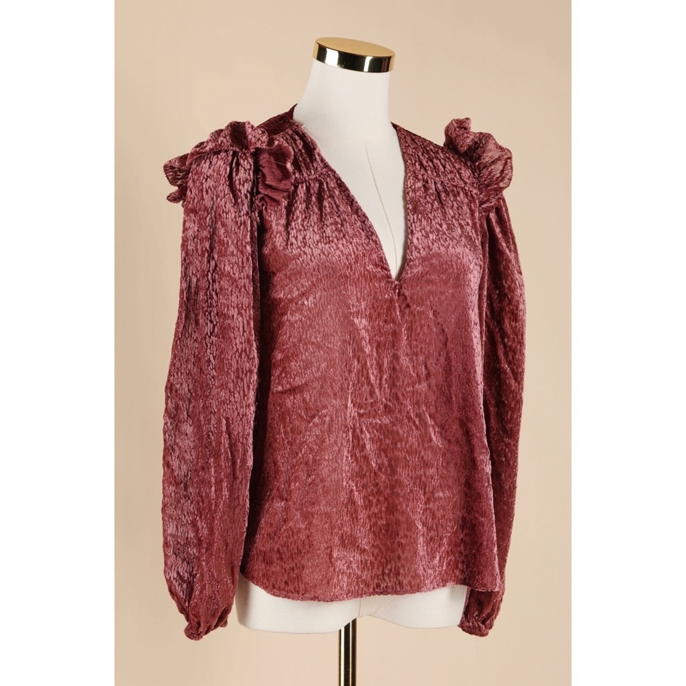 Sz XS Tanya Taylor Lucy V Neck Ruffled Shoulder Top In Rosewood GUC